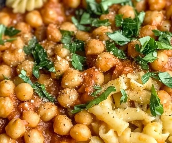 A vibrant bowl of Chickpea Paprikash garnished with fresh herbs.