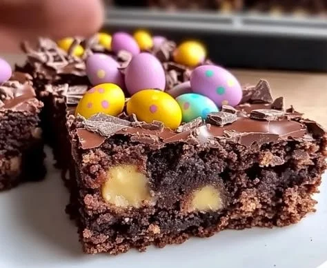 Delicious fudgy Easter brownies topped with colorful sprinkles and chocolate.